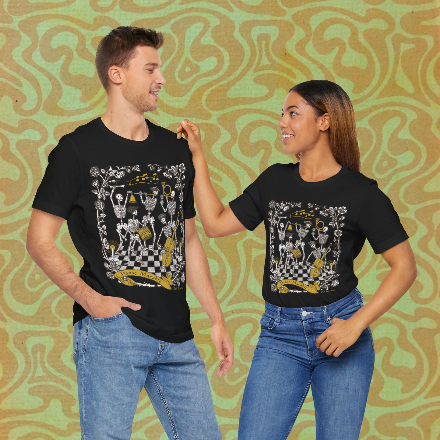 Danse Macabre Skeletons Dancing Playing Music Gothic Spooky Unisex Jersey Short Sleeve Tee - Dark Fern Tees