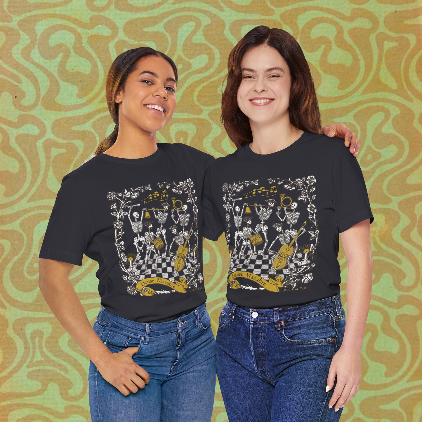 Danse Macabre Skeletons Dancing Playing Music Gothic Spooky Unisex Jersey Short Sleeve Tee - Dark Fern Tees